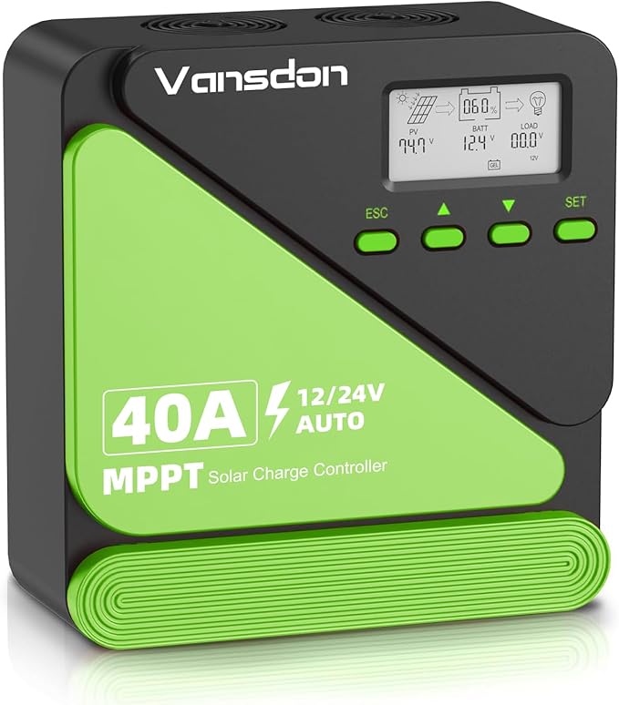 Vansdon 40A Solar Charge Controller 12V/24V MPPT Solar Charge Controller, Adjustable LCD with Timer, Dual USB Ports, for RV, Boat, Cabin, Off-Grid Systems, Compatible with FLD/LiFePO4/SLD/GEL/AGM