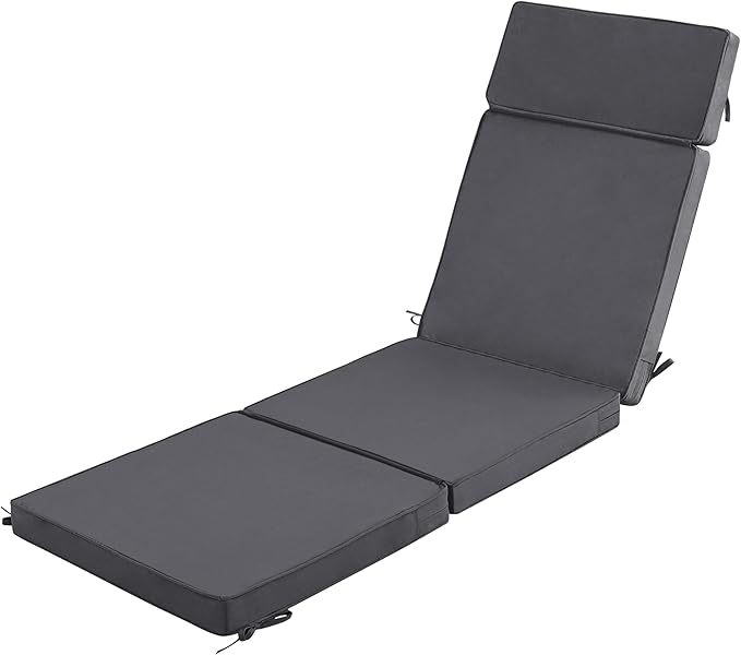 72 x 21 Inch Outdoor Chaise Lounge Cushion - Removable Cover, 4-Section Design, Water-Repellent & Fade-Resistant, 6 Tie Straps, Replacement for Patio & Pool Chairs - Dark Grey