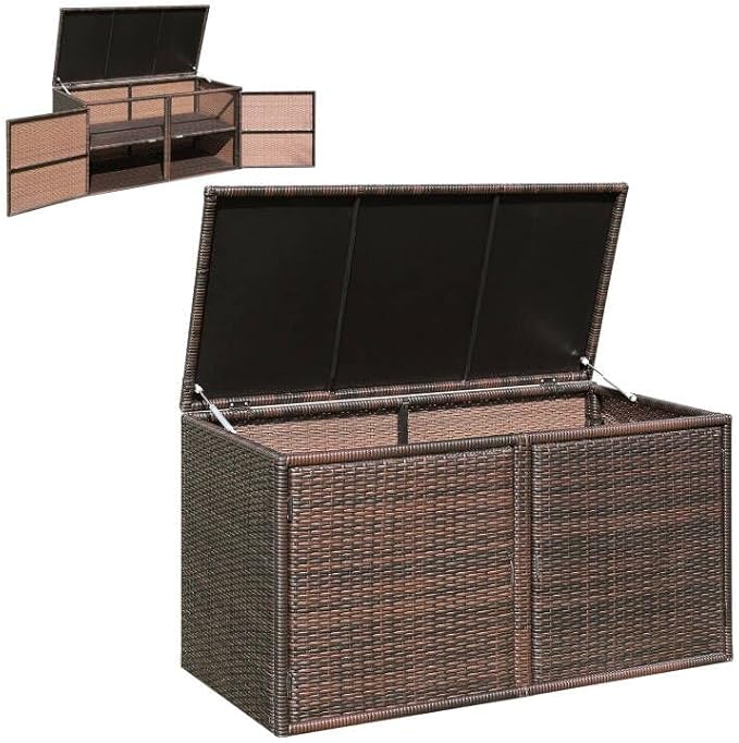 Giantex Rattan Deck Box 73 Gallon Wicker Storage Box W/Separate Storage Shelf, Openable Door, Steel Frame, Toys and Tools Organize for Yard, Garden, Balcony, Porch, Patio Rattan Storage Box (Brown)