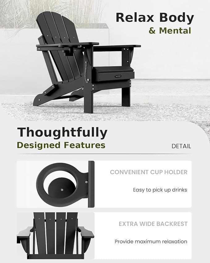 MUCHENGHY Folding Adirondack Chairs 2 Pack, Patio & Outdoor Chairs, Plastic Weather Resistant with Cup Holder for Deck, Backyard, Garden (Black)
