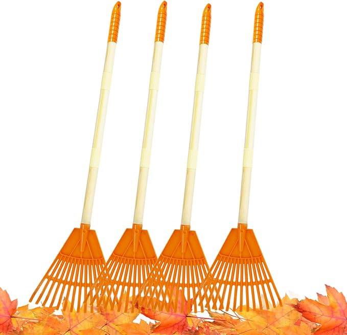 4Pcs Kid Rakes, 31" Child Size Plastic Lawn Rakes for Leaves Wooden Handle, Great Gardening Tools Gifts for Boys Girls Age 3 Year Old and Up