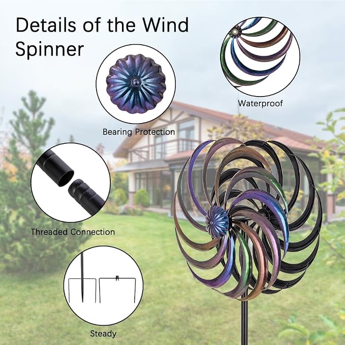 DREAMYSOUL Wind Spinner Outdoor, 13" Dia Rainbow Metal Wind Spinners, Dual Kinetic Wind Spinners for Yard Garden Outside Patio Lawn Decor