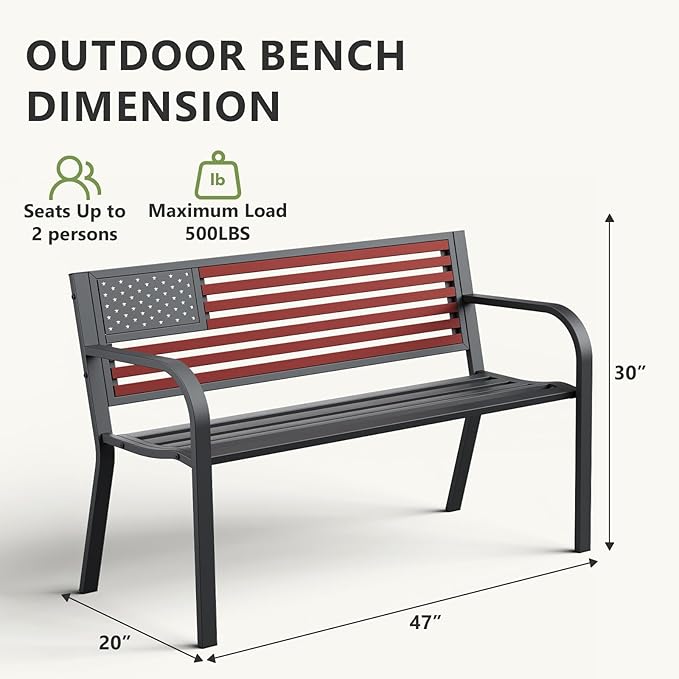 Outdoor Bench, Sturdy Metal Garden Bench with Classic Stars and Stripes Design Metal Backrest, 2-Person Patio Bench for Outside Seating, Cast Iron Steel Porch Yard Lawn Furniture, Red