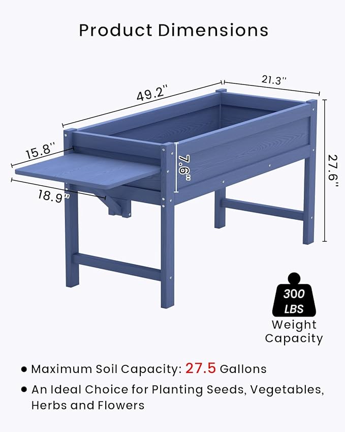 HDPE Raised Garden Bed with Legs, 49x21x27in All-Weather Heavy Duty Planter Box, Outdoor Elevated Garden Bed for Seeds, Herb, Flower, Vegetable (Navy Blue)