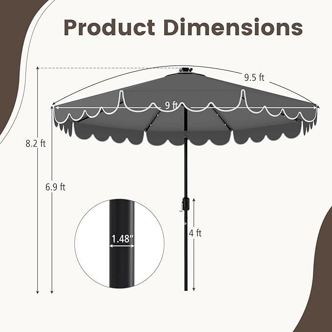Tangkula 9 FT Solar Patio Umbrella, 2-Tiers Scalloped Outdoor Table Market Umbrella with 32 LED Lights, Vented Top, Tilt Adjustment, Crank, 8 Ribs for Backyard Poolside Deck Beach Lawn (Gray)
