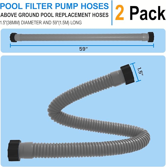 1.5" x 59" Pool Hose Replacement, Pack of 2 - Compatible with Above Ground Pools Filter Pump Hoses, Sand Filters, Saltwater Systems (1,500-2,500 GPH), Grey