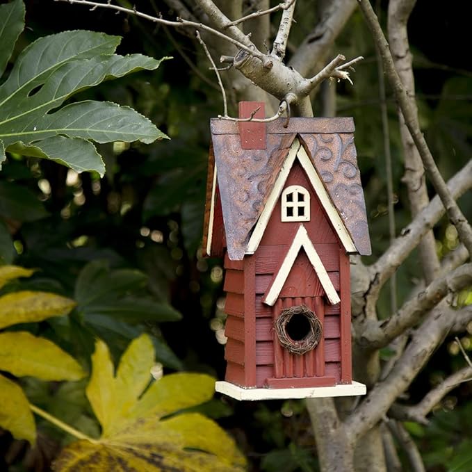 Glitzhome Bird Houses for Outside, Distressed Red Cottage Blue Bird House, 12" H Solid Wood Birdhouse Hanging Bird House for Outdoors