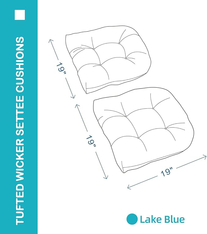 Outdoor Chair Cushions Set of 2, 19x19x4 Inch Seat Pads with Ties for Patio Wicker Chairs Garden Dining Chair, Indoor Outside Use, Fade-Resistant & Waterproof, Lake Blue