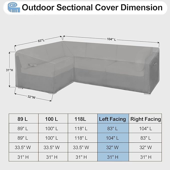 OutdoorLines Waterproof Outdoor Patio Sectional Cover - UV Resistant & Windproof L-Shaped Patio Furniture Covers for Deck, Lawn and Backyard, 420D Heavy Duty Couch Cover, Left Facing, 83"x104", Grey