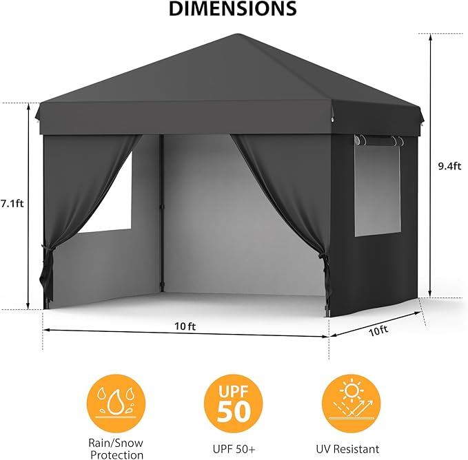 10x10FT Pop Up Canopy Tent Black 210D Oxford Waterproof with 4 Sidewalls Sun Shelter