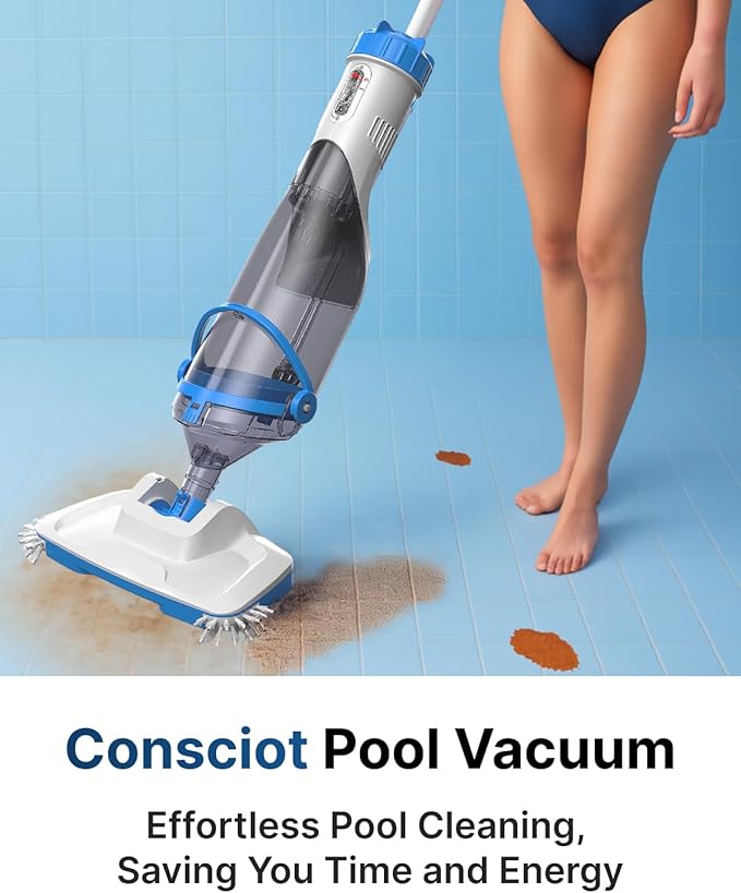 Consciot 2026 Update for Motor, L2 Pool Vacuum for Above Ground & Inground Pools, Rechargeable Handheld Cleaner with Telescopic Pole, 18.5 GPM Suction, 13.4" Head, 60-Min Runtime