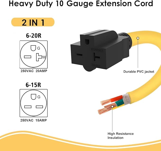 10 AWG Heavy Duty NEMA 14-50p to 6-20R 250 Volt 4-Prong 50 Amp to 20 Amp Adapter T-Blade Compatible with Generator Level 2 EV Charging Wall Socket 10/3 AWG 1FT