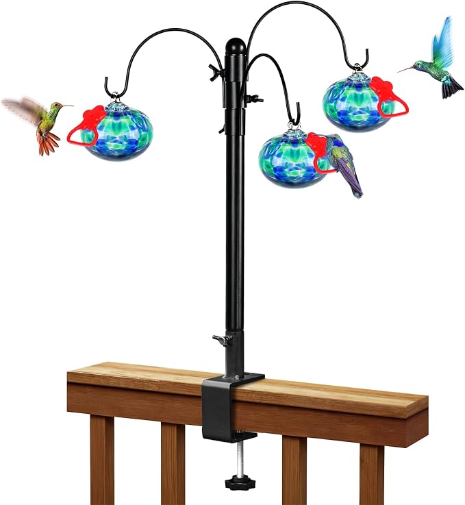 Headak life 15 inch Hummingbird Feeder Deck Hook for Railing, Hand Blown Glass Hummingbird Feeders for outdoors with Clamp-On Stand, Adjustable Outdoor Bird Feeder Pole for Deck,Garden Gifts for Women