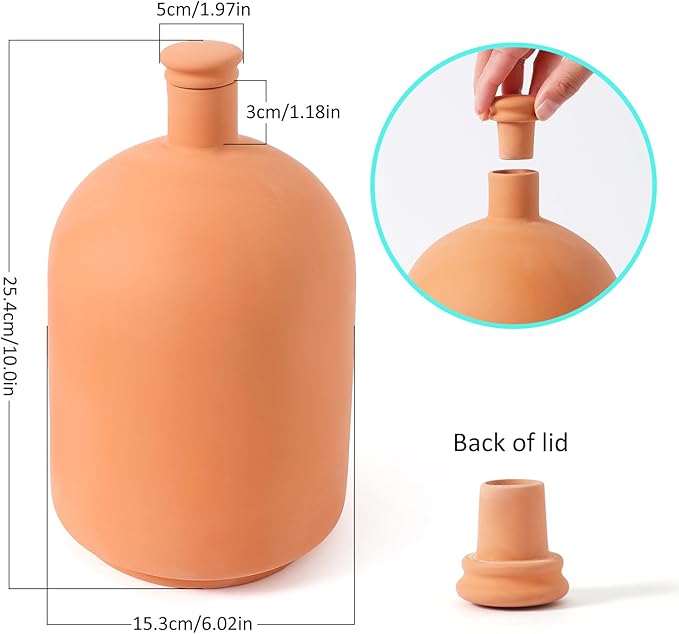 10*6in Ollas Clay Watering Pot with lid Terra Cotta Clay Irrigation Plant Watering Globes with Top Storage Pool Plant Corms for Irrigating Pots Plant Enthusiasts Terracotta Watering Spikes