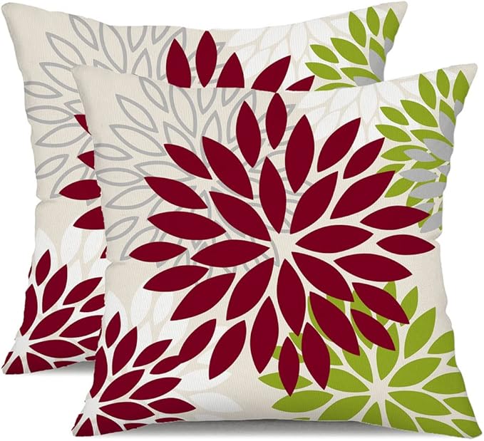 DFXSZ Wine Red Green Flower Pillow Covers 20x20 Inch Set of 2 Outdoor Throw Pillows Outdoor Waterproof Decor for Living Room Sofa Patio Funiture Garden Floral Polyester Pillow Covers 002U20
