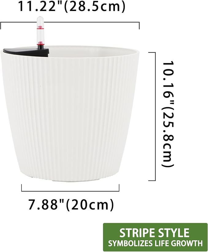 Dexceder 11x10 Self Watering Planters Indoor (2 Pack, White) | Inner Mat Design, Table Flower Plant Pot with Water Level Indicator
