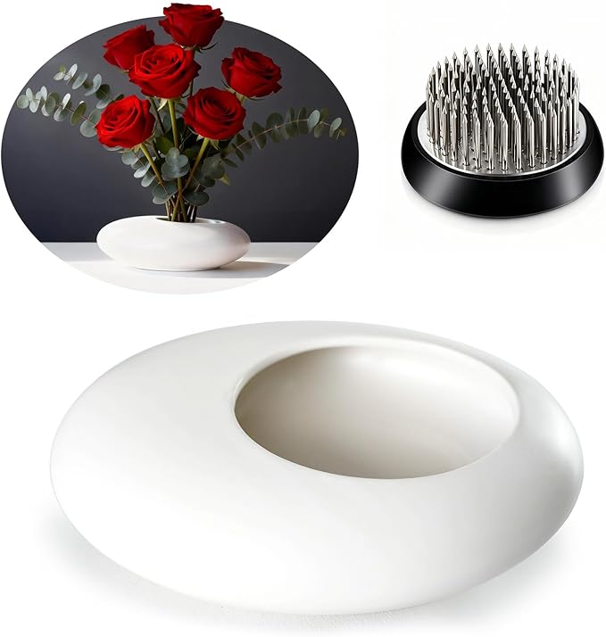 Japanese Inspired Ceramic Vase Ikebana kit, Pebble Shaped Flower Arrangement Bowl with 1.57 inch Flower Frog Pin Frog Flower Stems Holder (Small White)