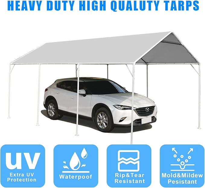 10 x 20 Ft Heavy Duty Carport Replacement Canopy Cover Waterproof & UV Protected Car Garage Top Tent Shelter Tarp Cover with 44 Ball Bungees Cords, Only Top Cover, Grey, Gray