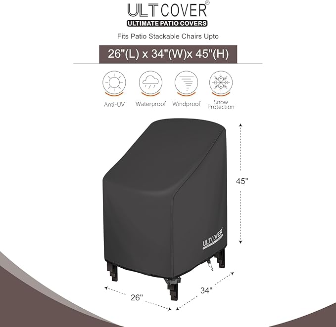 ULTCOVER Stackable Patio Chair Cover – Waterproof Outdoor Stack of Chairs Cover 2 Pack Fits Up to 26W x 34D x 45H inches, Black
