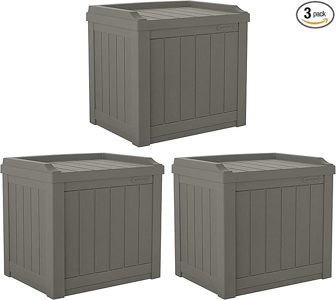 Suncast 22 gallon Indoor/Outdoor Backyard Patio Small Storage Deck Box with Attractive Bench Seat and Reinforced Lid, Stone (3 Pack)