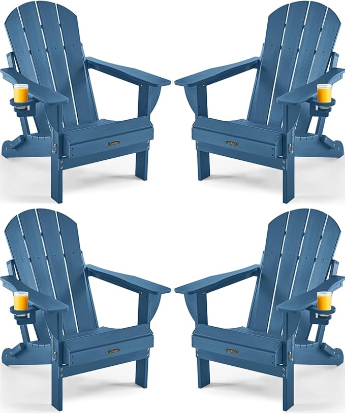 Ciokea Folding Adirondack Chair 4 Pack, Patio Adirondack Chair Weather Resistant, Plastic Fire Pit Chair with Cup Holder, Lawn Chair for Outdoor Porch Garden Backyard Deck (Royal Blue)