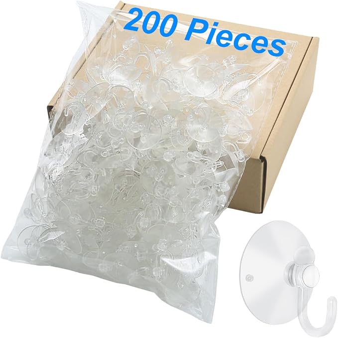 200 Pieces Large Suction Cups with Hooks 2 inch Clear Plastic Sucker Hooks for Glass Window Wall Festivals Parties Theme Carnival Decoration Door Bathroom Kitchen