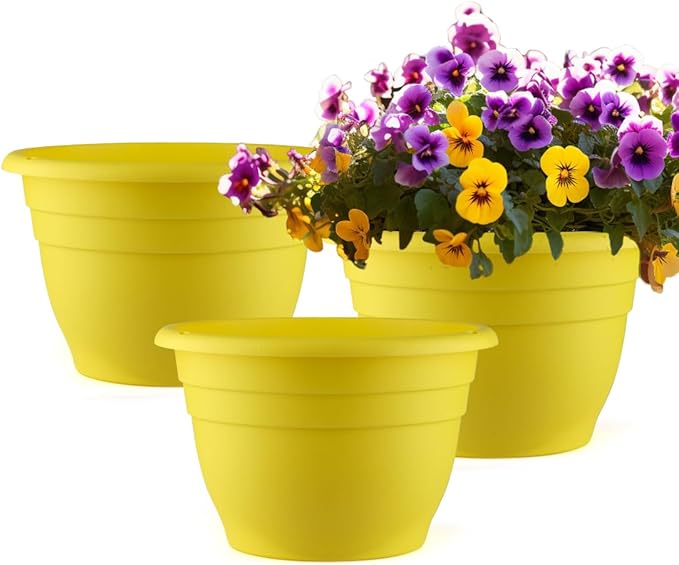 RooTrimmer 3 Pack 11 Inch Plant Pots for Indoor Outdoor,Plastic Floor Planters with Drainage Holes,Lightweight Flower Pots for Home,Patio & Garden(Yellow)
