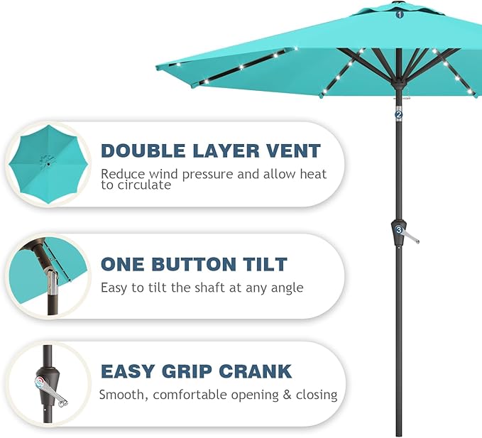 9FT Patio Umbrella with Solar Lights,Outdoor Market Umbrella with Tilt and Crank, LED Lighted Table Umbrella for Garden,Deck,Backyard,Pool,Beach