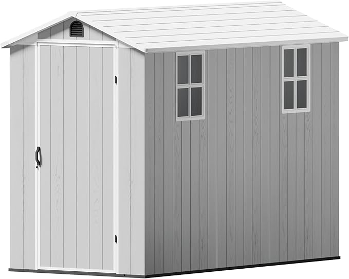 Greesum 4x8FT Plastic Storage Shed with Floor, Resin Outdoor Storaged Sheds with Lockable Door, All Weather Tool Shed with Window and Vent, Easy Assembly for Garden, Patio, Backyard, Light Gray