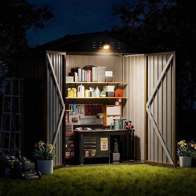 COMHOMA Shed Storage Outdoor Metal Windowed Lockable Solar Motion Light Adjustable Weatherproof Ventilated Backyard Garden Utility Workshop(Brown,6'*4')