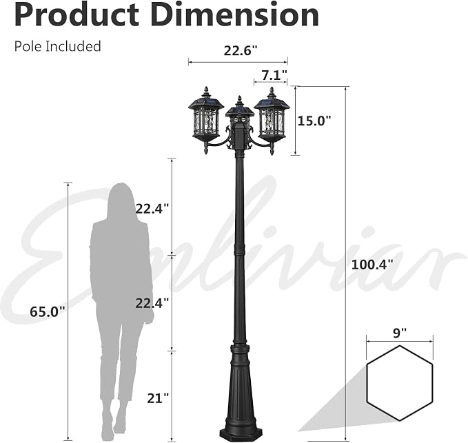 Emliviar 3-Head Outdoor Street Lights Solar Powered, Aluminum Post Lamp 100.4" Dusk to Dawn, Black Solar Column Lighting with Water Ripple Glass, 2084PL-3 SL BK-SW