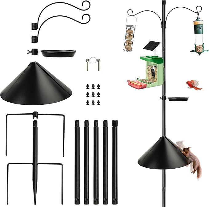 Bird Feeder Pole 92 Inch, Birds Feeding Station Kit with Squirrel Proof Baffle,2 Shepherd Hooks, Birds Water Feeder, Heavy Duty Stand 5-Prong Anchor Feeding Station for Wild Bird Watching.