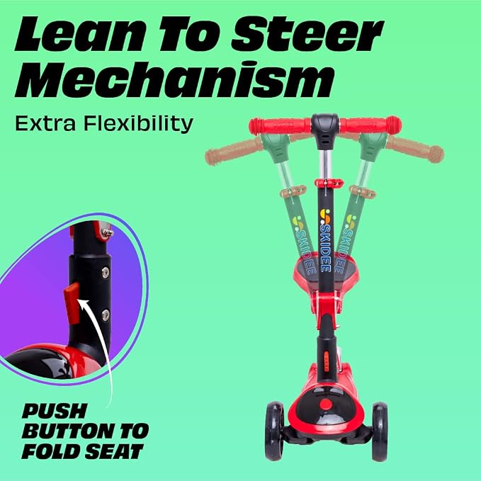 SKIDEE Kick Scooter for Kids Ages 3-5 | Foldable 3 Wheel Scooter with Lean-to-Steer, Adjustable Height, Removable Seat & LED Light Wheels | Toddler Scooter Up to 12 Year Old Boys/Girls