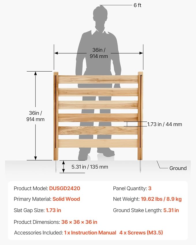 VEVOR Wood Privacy Fence, 36" W x 36" L, 3 Panel Slatted Air Conditioner Fence Screen, Pool Equipment Enclosure with Metal Stakes, Easy DIY Installation, Outdoor Trash Can Hider for Garden Decoration