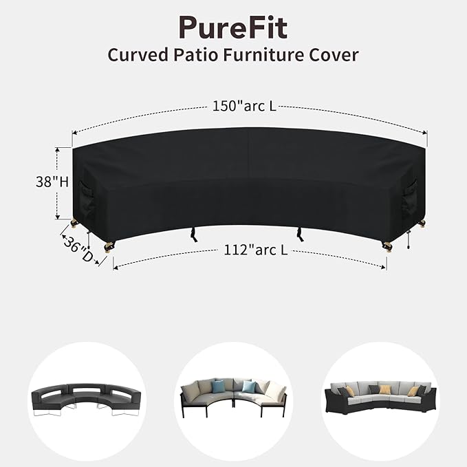 PureFit Outdoor Sectional Sofa Cover Waterproof Curved Patio Furniture Covers for Deck, Lawn and Backyard, 150Lx36Dx38Hx112FL, Black