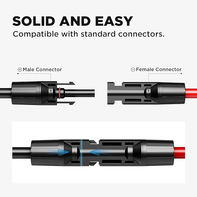 20FT 10AWG Solar Extension Cable (Red + Black), 30A/1000V DC, IP68 Waterproof PV Wire with Compatible Quick Connectors for Connecting Solar Panels, Controllers, and Solar Systems