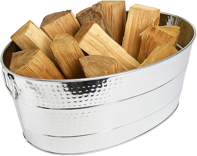 BREKX 25-Quart Tub for Firewood Storage Rack Log Holder - Heavy-Duty Portable Galvanized Tub with Handles for Indoor/Outdoor (Silver)
