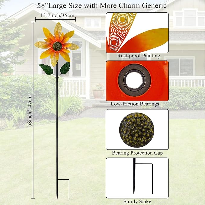 Viveta Sunflower Wind Spinner,13.7 * 58" Metal Wind Sculpture, Flower Garden Spinner,Pinwheel Decor for Yard and Garden Lawn Patio