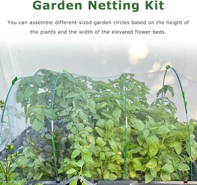 Garden Netting Kit for Raised Beds, 10x30FT Ultra Fine Mesh Netting, 36pcs Greenhouse Hoops 8ft Tunnel, Detachable Hoop House Frame for Row Cover, Bird Netting, Plant Covers