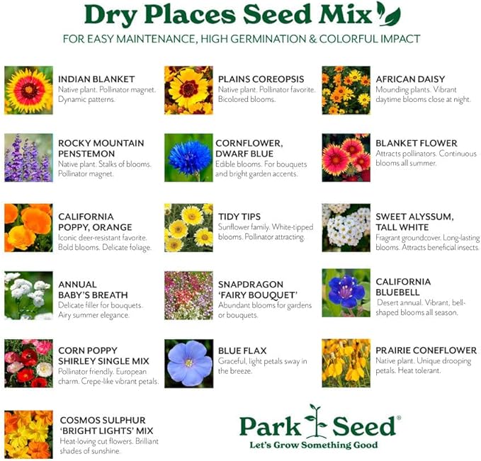 Park Seed Grow Your Own Vibrant Annual and Perennial Wildflower Garden Mixture, Easy to Grow Varieties for Pollinators and Spring Gardens - Dry Places Mix, 10 lbs