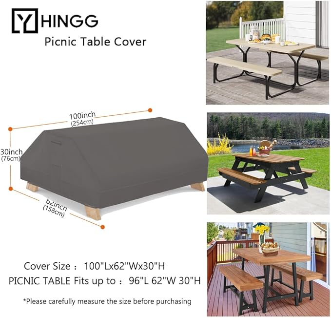 Picnic Table Cover Waterproof 70/72 Inch 600D Oxford Outdoor Table Cover with Bench Covers for Winter DustProof Heavy Duty (Grey, 8Ft-96in)