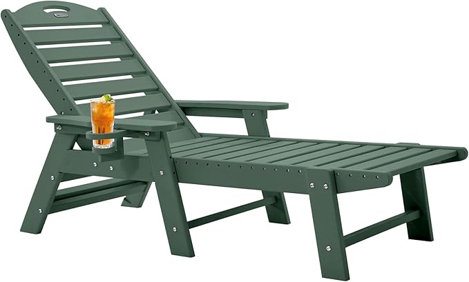 Chaise Lounge for Outdoor, Patio Lounge Chairs for Outside, Chaise Lounge Chair with 6 Positions, HDPE Lounge Chair with Cup Holder for Pool Poolside Deck Backyard Lawn, Green