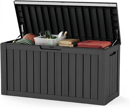 80 Gallon Deck Box, Waterproof Resin Outdoor Storage Box with Lockable Lid, Patio Storage Box Featuring Fade Resistant for Patio Furniture Cushions, Pool Accessories, Garden Tools, Black
