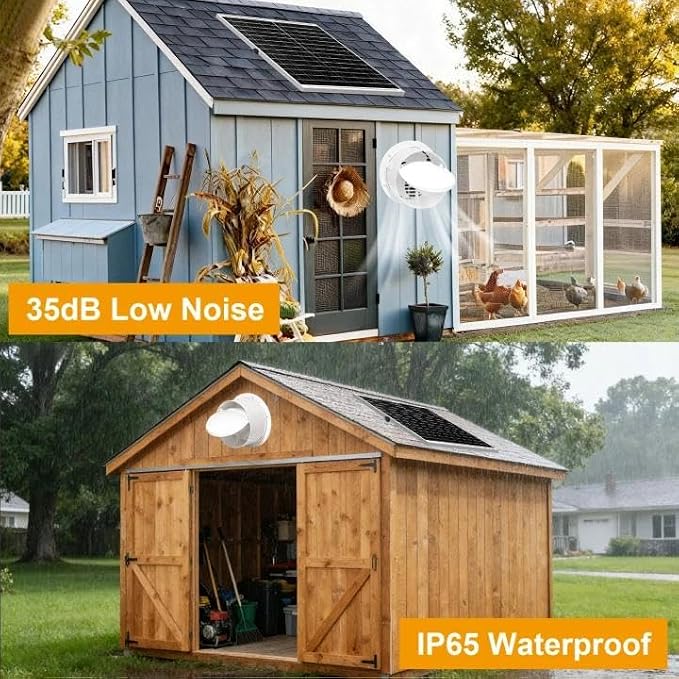 Solar Powered Fan with Battery Run Day/Night, 25W 9.8" Solar Fan for Chicken Coop with 2 Fan Speed/1-8 Cycle Timer, Waterproof Solar Greenhouse Fan for Shed, Chicken Coop, Greenhouse