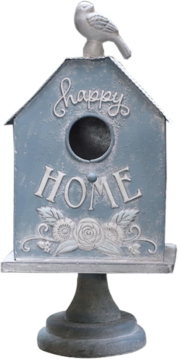 Rustic Blue Metal Bird House, Decorative Bird House with Happy Home Accents & Bird Topper, Standing Design Bird Home - Ideal Outdoor Garden Decor
