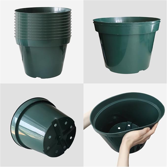 10 Pack Green Plastic Planter Pots, 10 Inch Thick with Multiple Drainage Holes, for Herbs, Strawberries, Flowers - Indoor/Outdoor