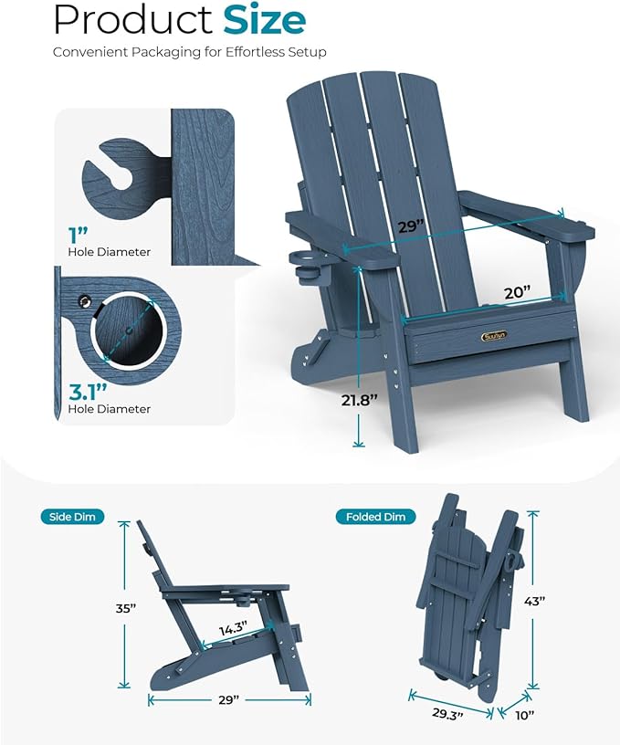 Folding Adirondack Chair 6 Pack, HDPE All-Weather Fire Pit Chairs, Plastic Adirondack Chairs with 2 Cup Holder, Outdoor Lawn Chair for Patio Garden (New Blue)