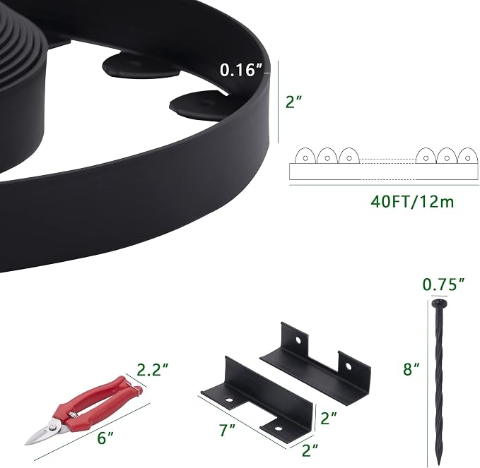 40 Ft Landscape Edging, Garden Edging with 36 Pcs Spikes, 2 in Tall Plastic Edging for Landscaping, No Dig Garden Border Edging, Landscaping Edging Border for Flowerbed Lawn Yard Grass, Black