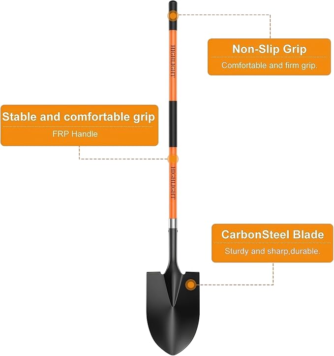 HIGHLIGHT 56-Inch Heavy Duty Round Point Garden Shovel with Non-Slip Fiberglass Handle and Sharp Blade for Deep Digging, Trenching, Landscaping, Snow, Camping and Yard Work - Orange
