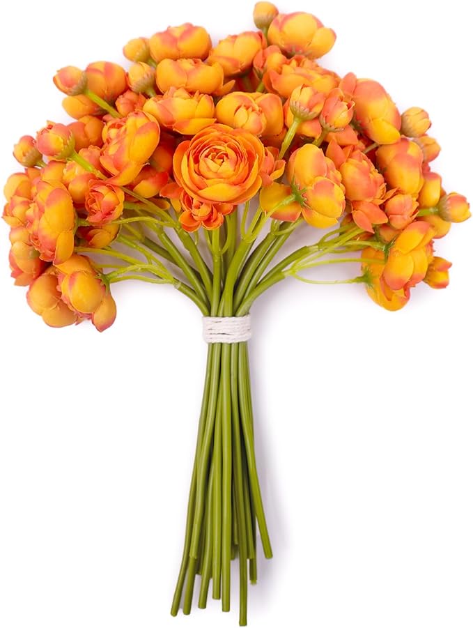 Ranunculus Artificial Flowers 18pcs, Faux Silk Mini Ranunculus Bulk Fake Wedding Filler Flowers for DIY Bouquets Centerpieces Bridal Shower Decorations Arrangements, Citrus Orange